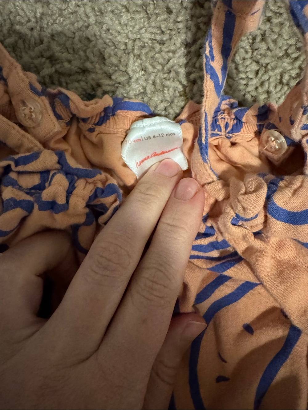 Hanna Andersson Peach Bubble Romper with Blue Fruit Print - Picture 2 of 2